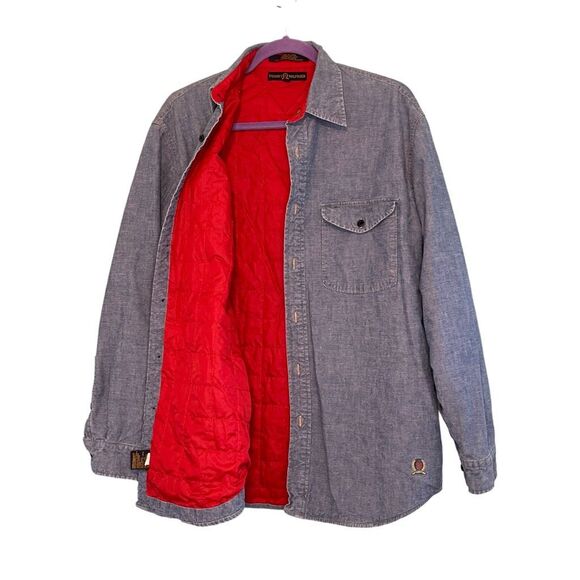 Y2K Tommy Hilfiger Quilted Lined Denim Shacket Jacket Blue Red Button Down Shirt - Picture 1 of 10
